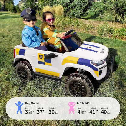 24V 10Ah Electric Police SUV Car Ride-On Toy for Big Kids, 4WD 2-Seater w/Parental Remote Control, 5Mph Max Speed - White