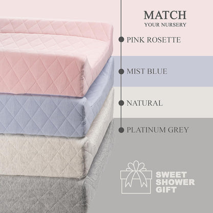 Organic Cotton Contoured Baby Changing Pad w/Waterproof Foam Mattress, Includes Soft, Removable & Washable Cover, Safety Strap, Non-Slip Bottom, Topper for Standard Size Infant Diaper Table & Dresser