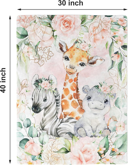 UNIQUE Rose Flowers Safari Ultra Soft Fleece Baby Blanket 30x40in, Cute Zebra Hippo Giraffe Baby Blanket, Girl