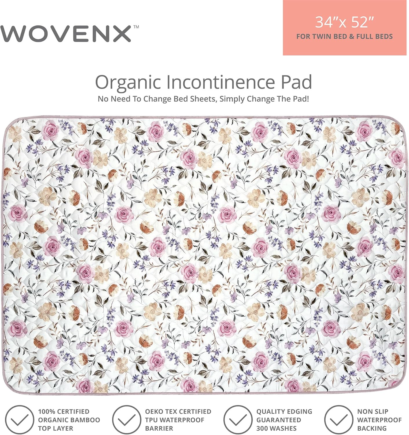 Organic Incontinence Pads for Kids & Toddlers - 5 Layer Waterproof Protectors for Overnight Bed