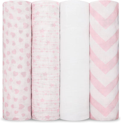 Comfy Cubs Muslin Swaddle Blankets Pack of 4, 47 x 47 Inches, Soft Cotton Baby Blanket Set, Large Multipurpose Swaddling Wraps for Newborns - Self-Soothing Swaddle - Pink