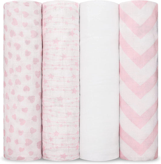Comfy Cubs Muslin Swaddle Blankets Pack of 4, 47 x 47 Inches, Soft Cotton Baby Blanket Set, Large Multipurpose Swaddling Wraps for Newborns - Self-Soothing Swaddle - Pink