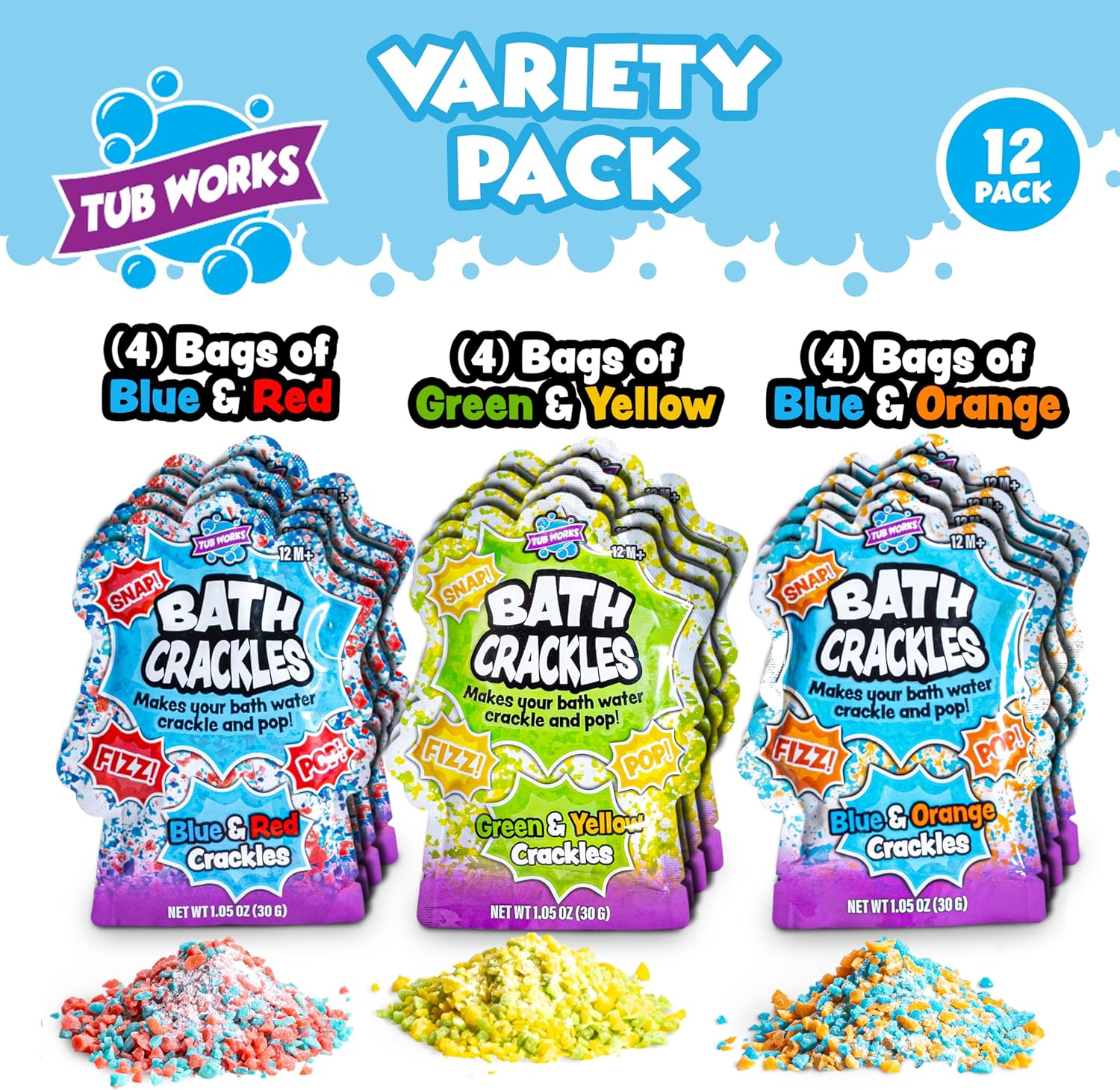 Tub Works® Bath Crackles Bath Toy, Variety 12 Pack | Nontoxic & Fragrance-Free | Makes Bath Water