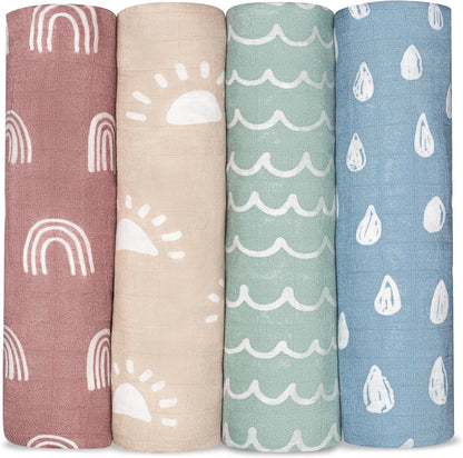 Comfy Cubs Muslin Swaddle Blankets Pack of 4, 47 x 47 Inches, Soft Cotton Baby Blanket Set, Large Multipurpose Swaddling Wraps for Newborns - Self-Soothing Swaddle - Sun, Rainbow, Rain, Doodle