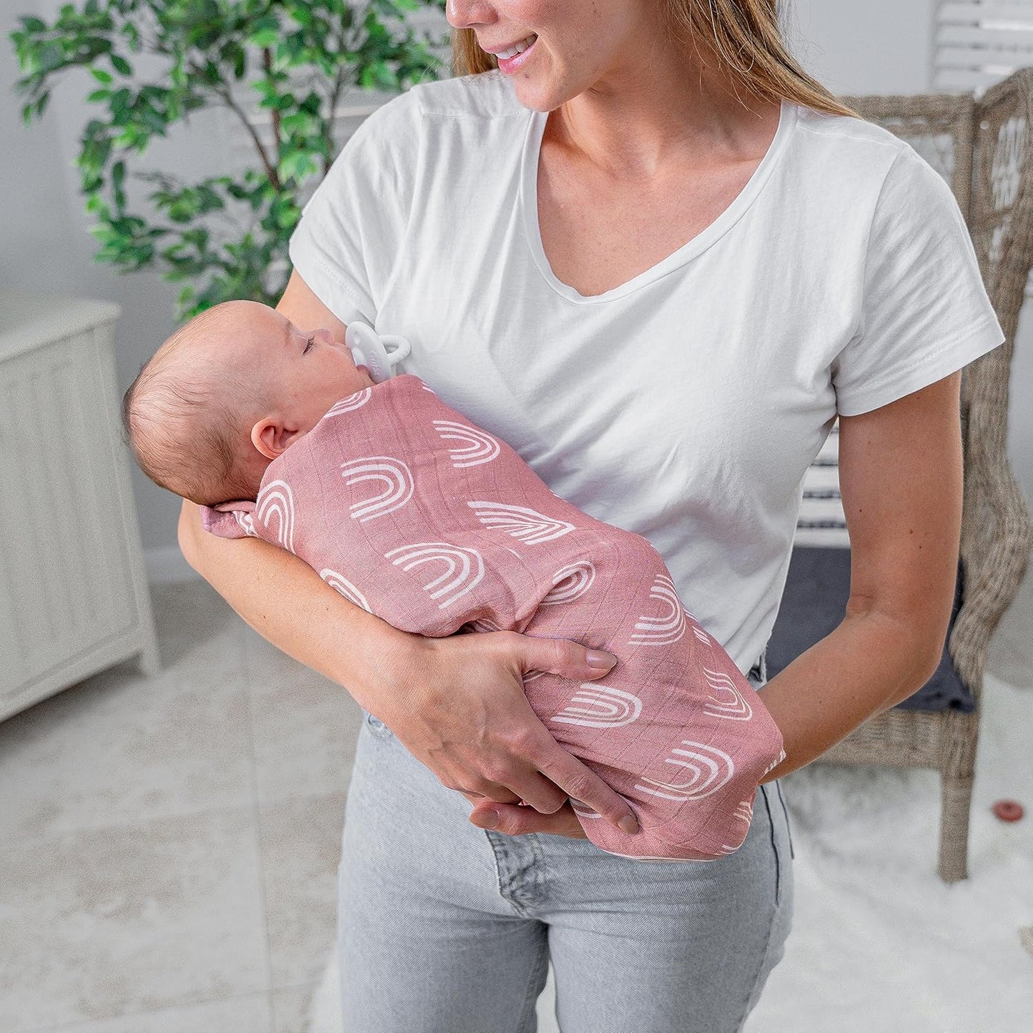 Comfy Cubs Muslin Swaddle Blankets Pack of 1 - 47 x 47 Inch Soft Cotton Baby Blanket Set, Large Multipurpose Wraps for Newborns - Self-Soothing Swaddles for Newborns - Mauve Rainbow