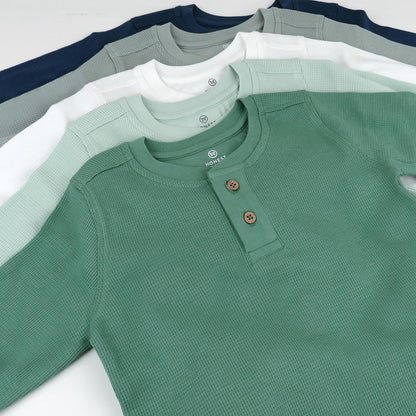 HonestBaby 5-pack Waffle Henley Long Sleeve Shirts 100% Organic Cotton for Infant Baby and Toddler Boys, Unisex