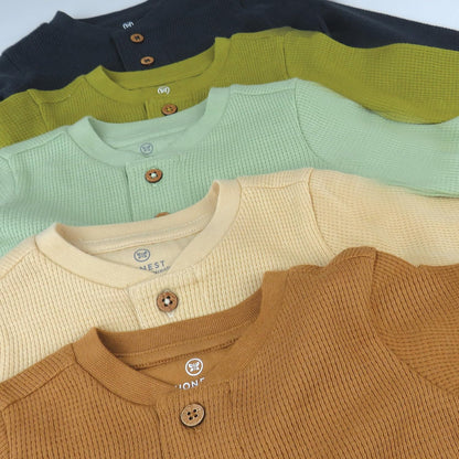 HonestBaby 5-pack Waffle Henley Long Sleeve Shirts 100% Organic Cotton for Infant Baby and Toddler Boys, Unisex