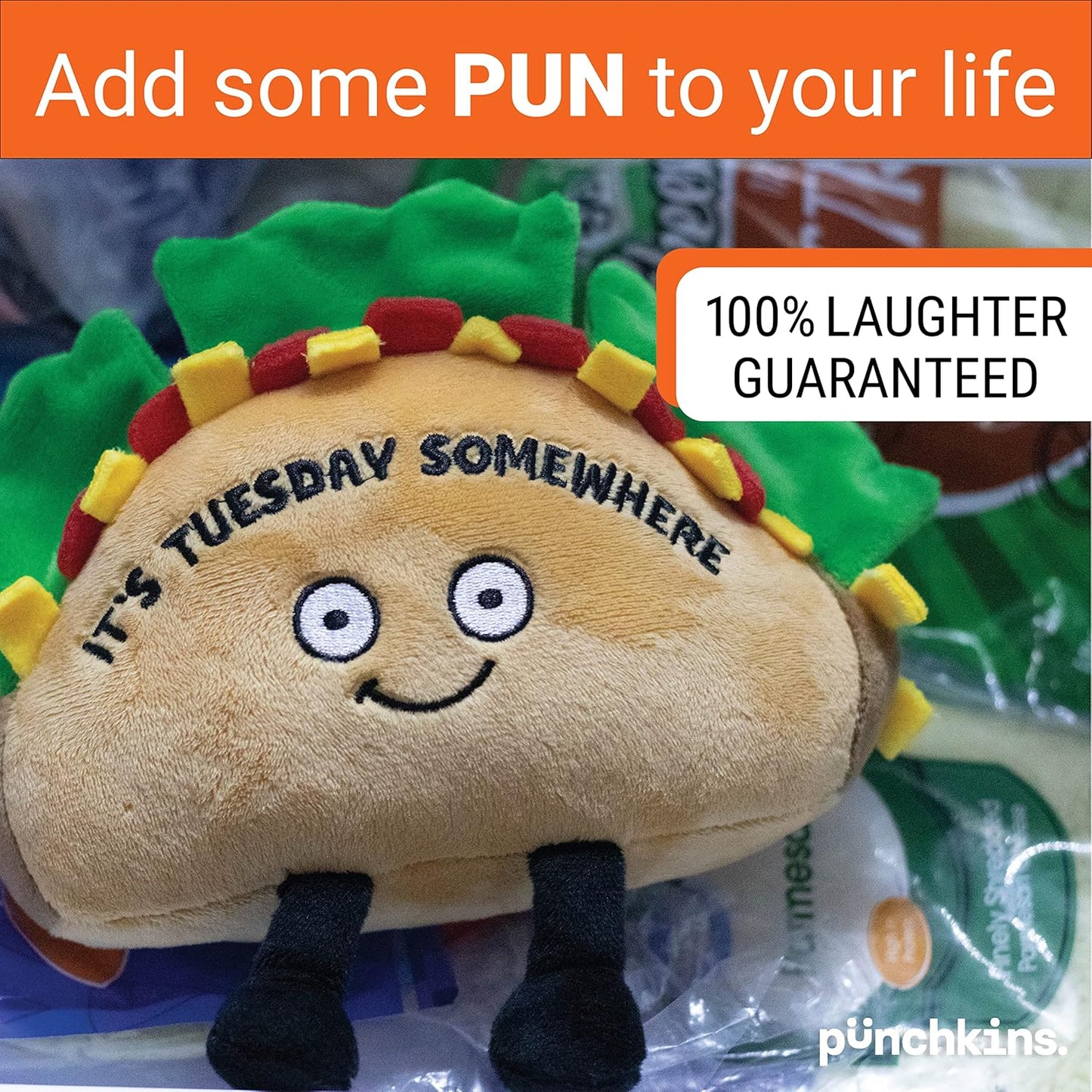 Taco Foodie Plushie, Funny Pun Meme Gag Gift, White Elephant, Stocking Stuffer Present, Great for Emotional Support, Fun Desk Accessory, Weighted Base for Display
